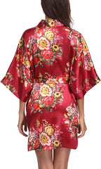 Women's Floral Satin Robes Bride Bridesmaid Getting Ready Robe Short Silky Kimono Sleepwear for Wedding Party