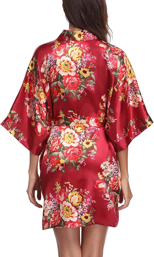 Women's Floral Satin Robes Bride Bridesmaid Getting Ready Robe Short Silky Kimono Sleepwear for Wedding Party