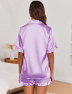 Ekouaer Satin Pajama Set for Women Button Down Silk 2 Piece Pj Sets Ruffle Short Sleeve Sleepwear