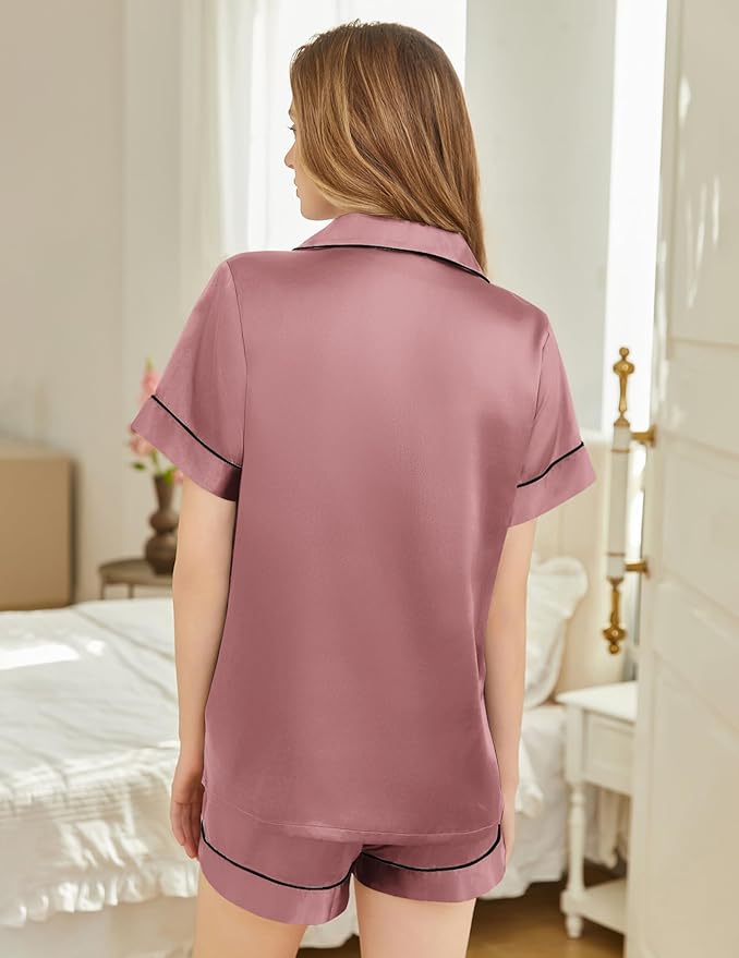 Silk Pajamas for Women Short Sleeve Sleepwear Soft Button Down Loungewear 2 Piece Satin Pjs Shorts Set S-XXL
