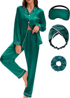 EPLAZA Silk Pajamas for Women Satin Pajamas Set 5 Pcs Long Sleeve Print Pattern Button Down Pjs Sleepwear Loungewear Set