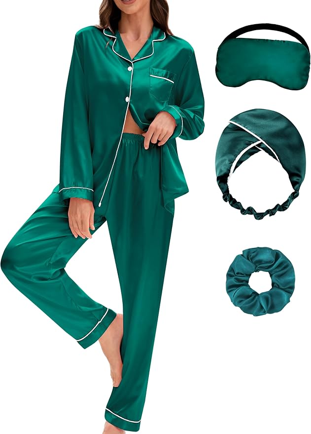 EPLAZA Silk Pajamas for Women Satin Pajamas Set 5 Pcs Long Sleeve Print Pattern Button Down Pjs Sleepwear Loungewear Set