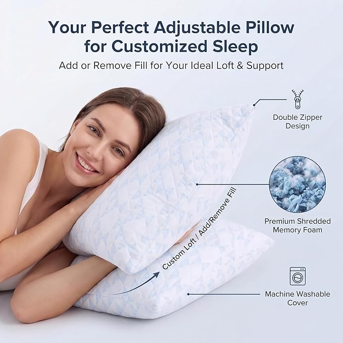 Meoflaw Adjustable Memory Foam Bed Pillows:Queen Size Shredded Foam Pillow Set of 2 for Sleeping with Removable & Washable Pillowcase for Back,Side & Stoamch Sleeper-Medium Firm