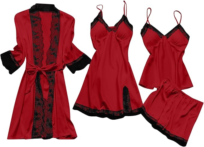 Women's 4pcs Silk Satin Pajamas Set Floral Lace Trim Dress with Robe Lounge Sleepwear Nightdress Novelty Loungewear