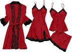 Women's 4pcs Silk Satin Pajamas Set Floral Lace Trim Dress with Robe Lounge Sleepwear Nightdress Novelty Loungewear