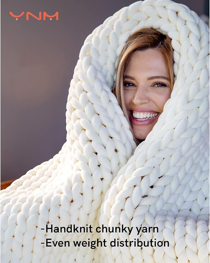 YnM Velvet Weighted Blanket, Handmade Chunky Knitted Design, Soft and Cozy, Temperature Regulating and Breathable, Machine Washable Throw for Sleep or Home Decor (Cream, 60x80 Inch, 20lbs)