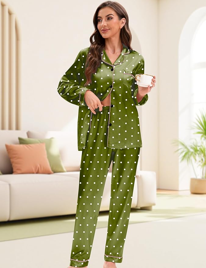EPLAZA Silk Pajamas for Women Satin Pajamas Set 5 Pcs Long Sleeve Print Pattern Button Down Pjs Sleepwear Loungewear Set