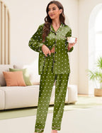 EPLAZA Silk Pajamas for Women Satin Pajamas Set 5 Pcs Long Sleeve Print Pattern Button Down Pjs Sleepwear Loungewear Set