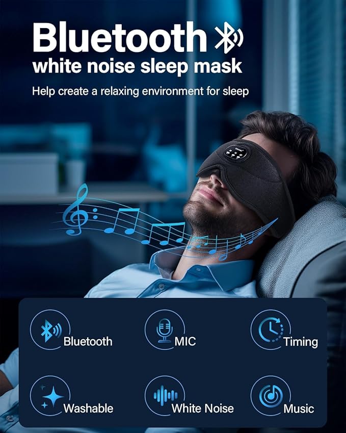 Bluetooth Sleep Headphones for Side Sleepers with Timming Setting, 100% Blackout 3D Contoured Eye Mask for Sleeping & Music Auto Shut Off, Breathable No Pressure for Side Sleeper Travel