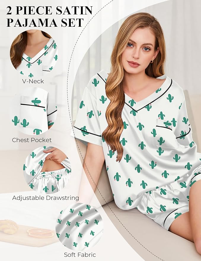 Silk Pajamas for Women Short Sleeve Satin 2 Piece Pj Set Soft V Neck Sleepwear Loungewear, S-XXL
