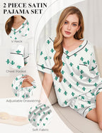 Silk Pajamas for Women Short Sleeve Satin 2 Piece Pj Set Soft V Neck Sleepwear Loungewear, S-XXL