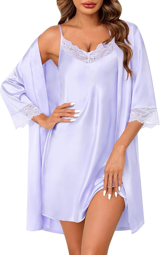 SWOMOG Women's Satin Robe Set 2 Piece Sexy Pajamas Sets Lace Cami Nightgown and Silk Robes Nightwear