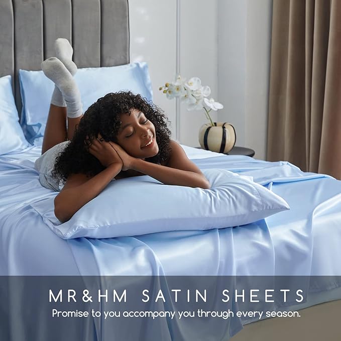 MR&HM Satin Bed Sheets, King Size Sheets Set, 4 Pcs Silky Bedding Set with 15 Inches Deep Pocket for Mattress (King, Light Blue)