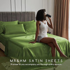 MR&HM Satin Bed Sheets, Twin XL Size Sheets Set, 3 Pcs Silky Bedding Set with 15 Inches Deep Pocket for Mattress (Twin XL, Sage)