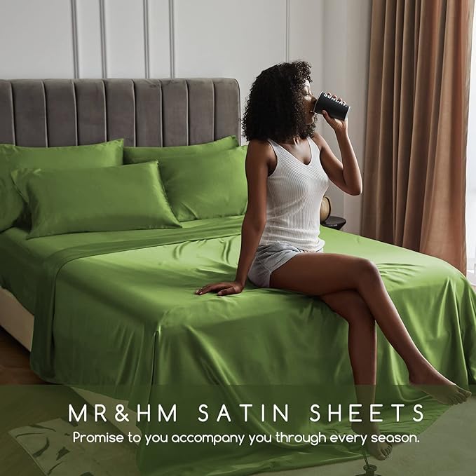 MR&HM Satin Bed Sheets, Twin Size Sheets Set, 3 Pcs Silky Bedding Set with 15 Inches Deep Pocket for Mattress(Twin, Sage)