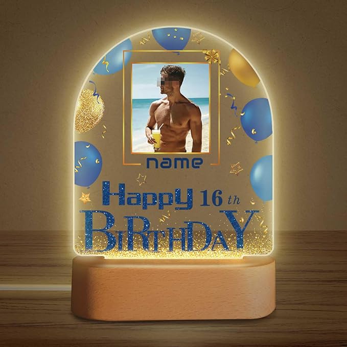 Customized Birthday Gifts Personalized Acrylic LED Night Light Lamp Plaque Custom Photo Name Age Birthday Gifts for Women Men(B-Blue and Gold)