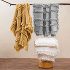 Ultra Soft Pre-Washed Quilted Boho Cream Queen Size Blankets for Bed, Ruffle Fringed Decorative Throw, Stone Washed Chic Rustic Blanket for Sofa Couch Bed, 90"*90"