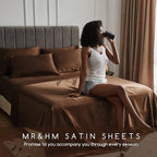 MR&HM Satin Bed Sheets, King Size Sheets Set, 6 Pcs Silky Bedding Set with 15 Inches Deep Pocket for Mattress (King, Brown)