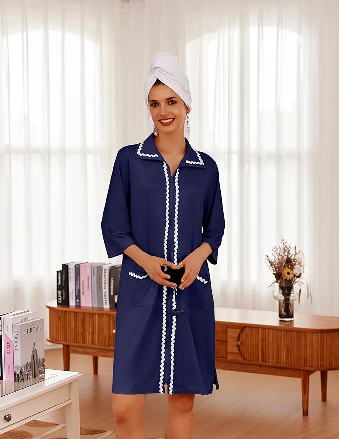 Ekouaer Women Zipper Robe Lightweight House Coat Zipper Front Short Bathrobes Soft Nightgown with Pockets S-3XL