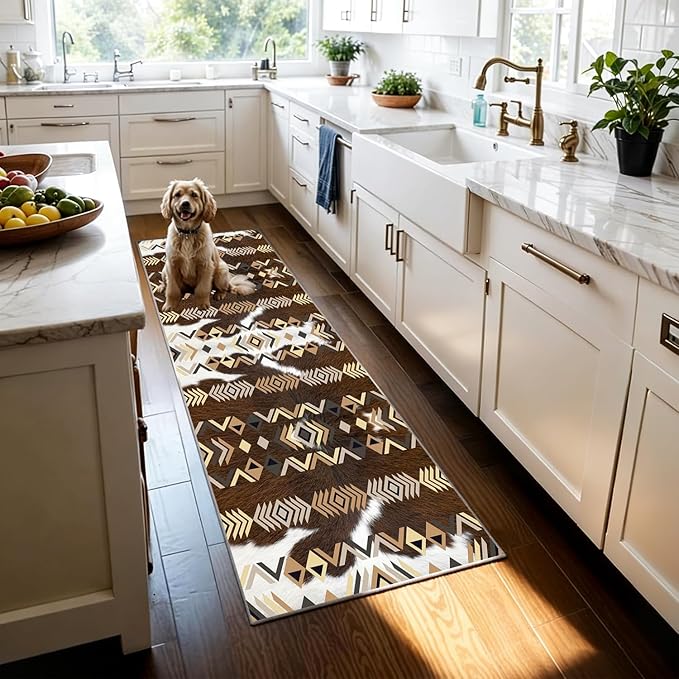Western Runner Rug,3x12ft,Farmhouse Cow Print Runner Rug,Southwestern Native American Aztec Kitchen Rugs,Soft Non-Slip Washable Rustic Cabin Decor Cowhide Rugs,for Hallways Entry Western Decor