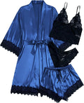 WDIRARA Women' Silk Satin Pajamas Set 4pcs Lingerie Floral Lace Cami Sleepwear with Robe