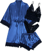 WDIRARA Women' Silk Satin Pajamas Set 4pcs Lingerie Floral Lace Cami Sleepwear with Robe