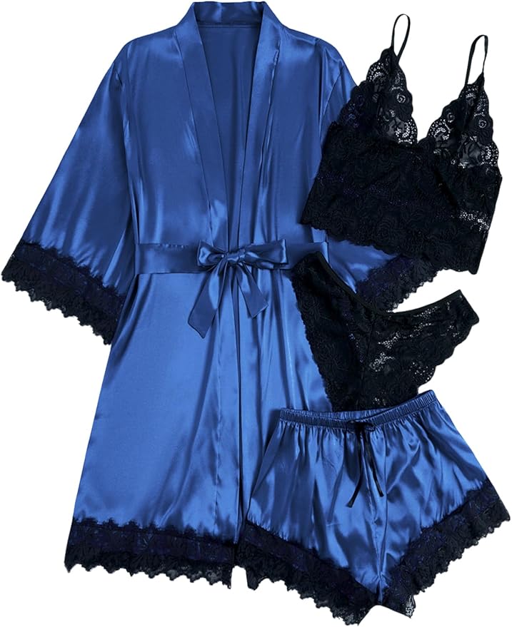 WDIRARA Women' Silk Satin Pajamas Set 4pcs Lingerie Floral Lace Cami Sleepwear with Robe