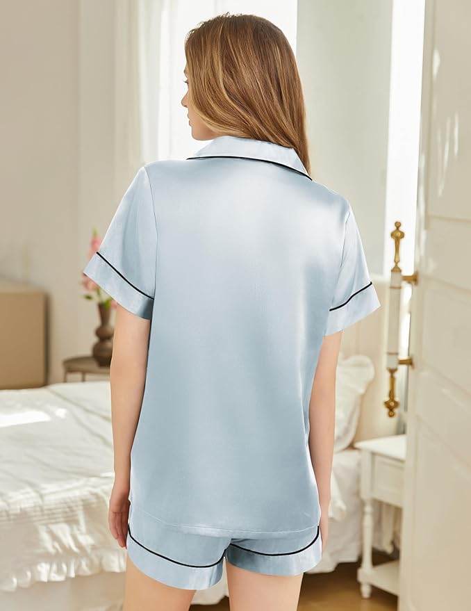 Silk Pajamas for Women Short Sleeve Sleepwear Soft Button Down Loungewear 2 Piece Satin Pjs Shorts Set S-XXL