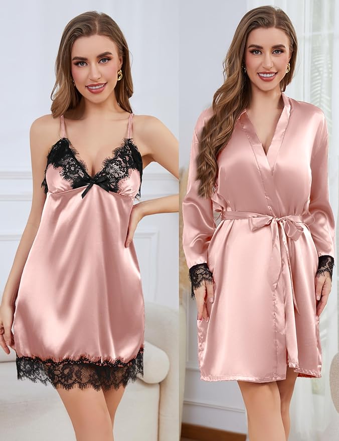 Womens Silk Lingerie Robe Nightgown 2 Piece Pajamas Set Sexy Lace V Neck Cami Satin Sleepwear
