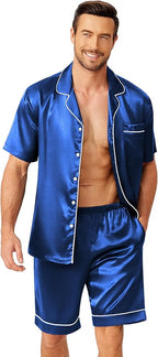 Ekouaer Mens Pajamas Set Silk Satin Sleepwear Short Sleeve Button Down Pjs Set 2 Piece Loungewear with Pockets S-XXL