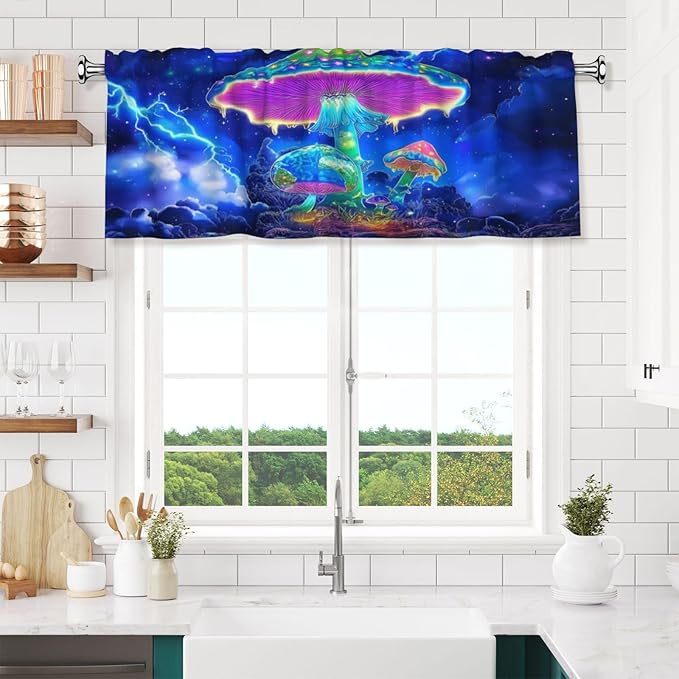 Glowing Neon Mushrooms in Stormy Night Sky Curtain Valance Peach Skin Velvet Printed Window Valance with Rod Pocket Light Filtering for Kitchen Bathroom 54x18in