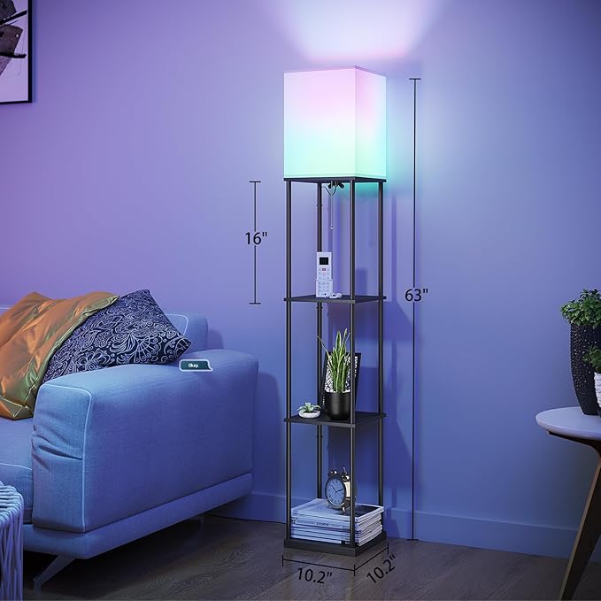 SUNMORY Floor Lamp with Shelves, Smart APP Control Standing Lamps with RGB Bulb, 4-Tier Dimmable Floor Lamps for Living Room, Tall Lamp for Bedroom, Office, Corner Display Bookshelf Lamp