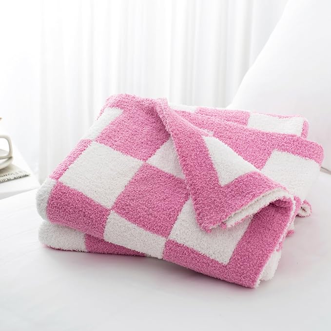 Carriediosa Checkered Throw Blanket 90" X 90" Queen, 400GSM Ultra Soft Microfiber Fuzzy Fluffy Reversible Cute Preppy Knitted Blankets Cozy Plush Fall Throws for Couch, Bed, Sofa, Hot Pink