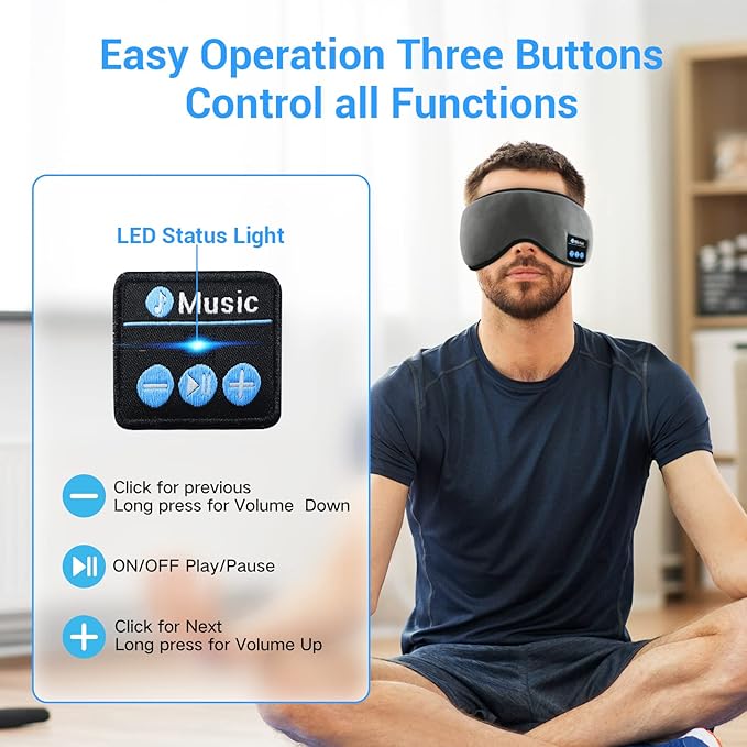 Sleep Headphones - Sleep Mask with Bluetooth Headphones (Grey), Washable Bluetooth Sleep Mask, Built-in Speaker and Microphone, Side Sleeping, Meditation & Travel