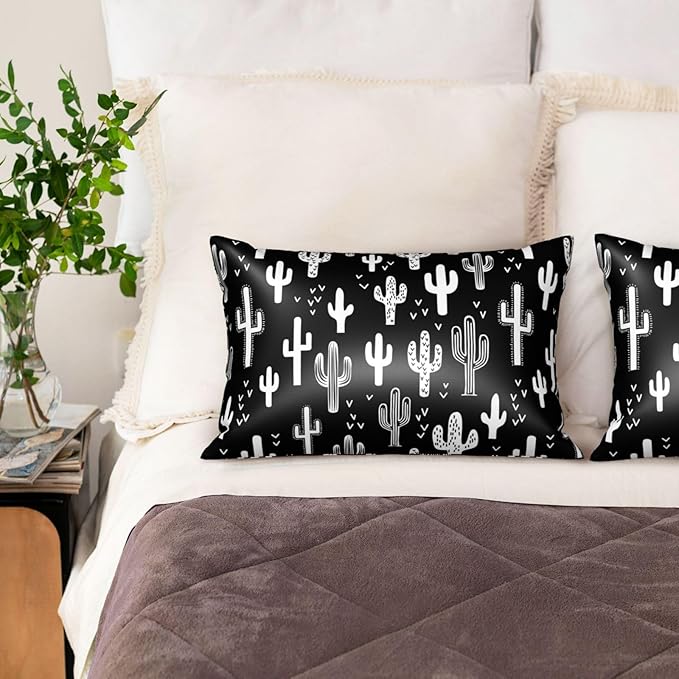 1 Pack Satin Pillowcase for Hair and Skin Funny Black and White Cactus Imitation Silk Pillowcase with Hidden Zipper Soft Breathable Smooth Cooling Pillow Cover Queen Size for Bedroom Sofa 20”x30”