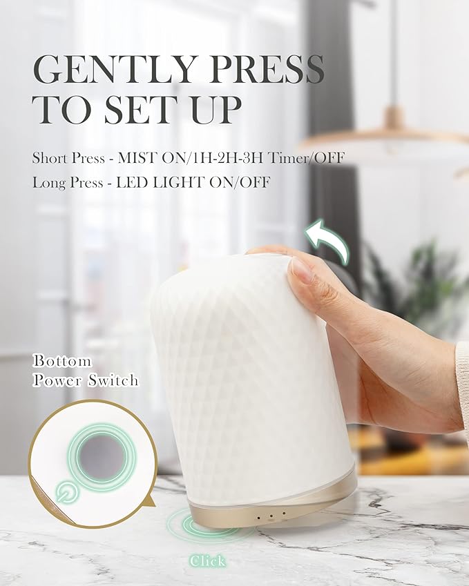 Onaboviva Essential Oil Diffuser - 2.4MHz Ultrasonic Ceramic Diffuser for Home, 110ml, 1/2/3H Mist Timer, Silent (≤25dB), Waterless Auto-Off, Aromatherapy Diffuser with USB Cable