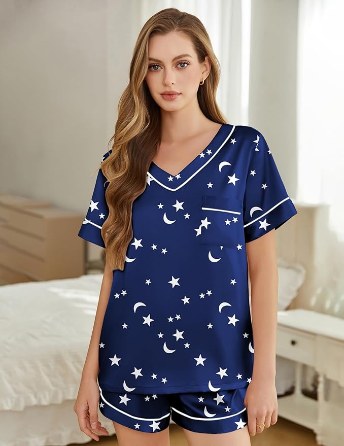 Silk Pajamas for Women Short Sleeve Satin 2 Piece Pj Set Soft V Neck Sleepwear Loungewear, S-XXL