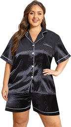 Vozanet Women's Short Sleeve Satin Pajama Sets Silky Ladies Button Down Loungewear Plus Size Nighty Shorts Sets XL to 5XL