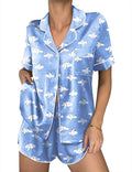 Ekouaer Womens Silk Satin Pajama Sets 2 Piece Button Down Silk Pjs Shorts Sets Cute Print Short Sleeve Sleepwear S-4XL