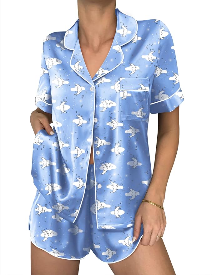 Ekouaer Womens Silk Satin Pajama Sets 2 Piece Button Down Silk Pjs Shorts Sets Cute Print Short Sleeve Sleepwear S-4XL