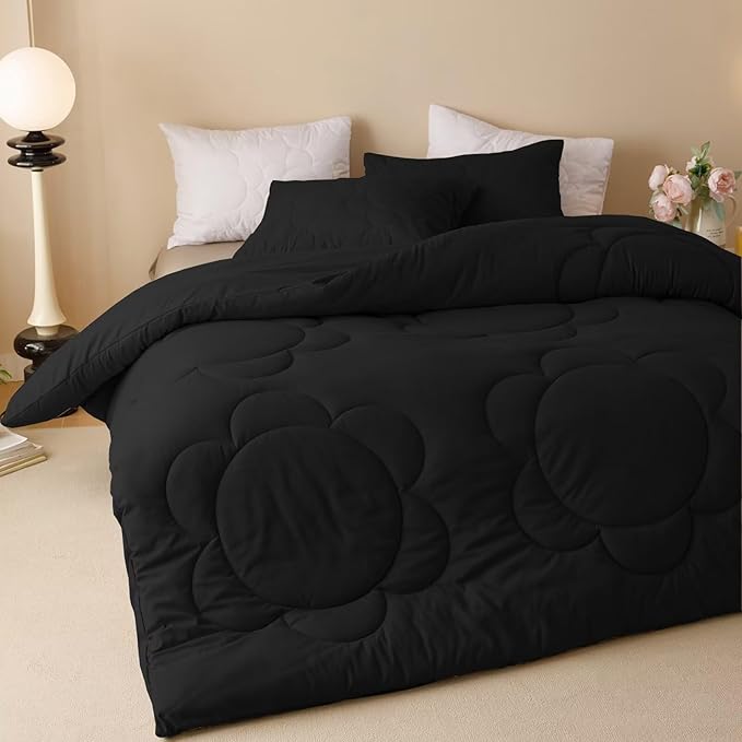 Luxlovery Black Sunflower Comforter Set Queen All Black Bedding Set Queen Size Big Flower Botanical Bohemian Farmhouse Comforter Set Women Men