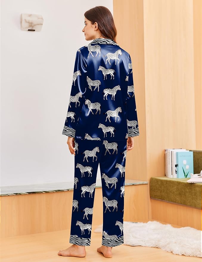 Ekouaer Silk Pajamas for Women Long Sleeve Satin Pajama Set Silky Pj Sets 2 Piece Button Down Loungewear Sleepwear