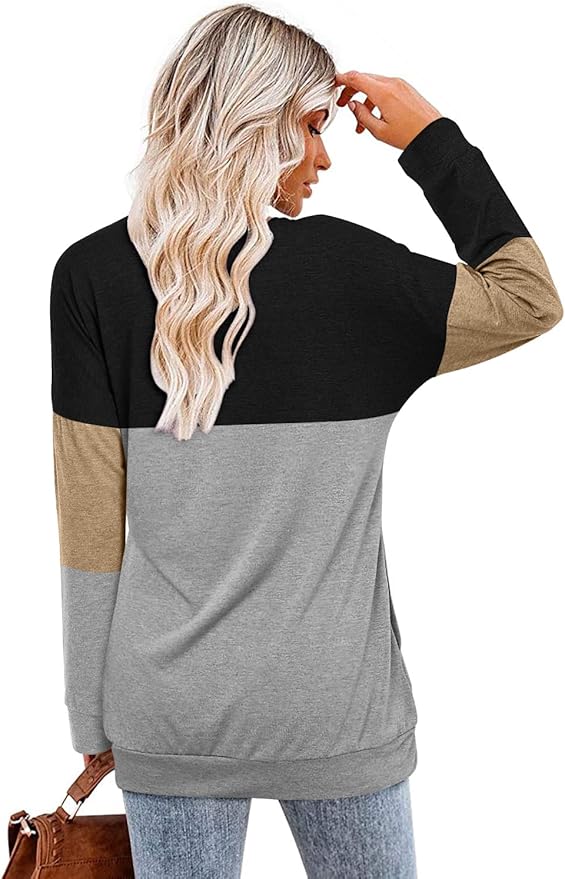 Magritta Women's Long Sleeve Leopard Color Block Tunic Comfy Crewneck T Shirt Tops Black XL