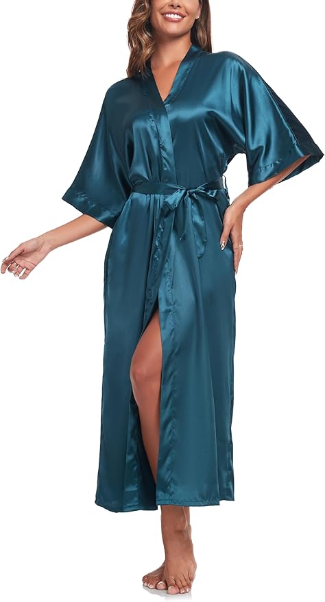 Womens Long Silky Robe Satin Kimono Robes Silk Bathrobe for Wedding Party Full Length Dressing Gown