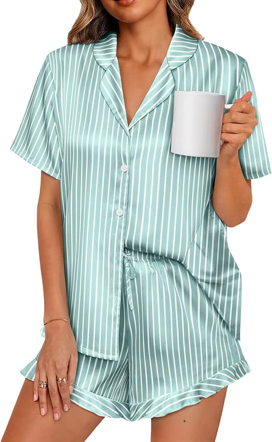 LILLUSORY Womens Satin Silk Pajamas Set 2 Piece Ruffle Pjs Winter Matching Lounge Sleepwear Button Down Striped Shirt Shorts