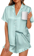 LILLUSORY Womens Satin Silk Pajamas Set 2 Piece Ruffle Pjs Winter Matching Lounge Sleepwear Button Down Striped Shirt Shorts