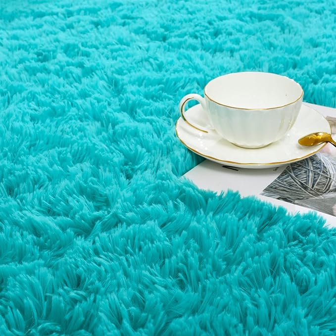ISEAU 4x6 Area Rug for Living Room, Teal Blue Rugs for Bedroom, Kitchen, Soft Shaggy Carpets, Fluffy and Machine Washable Mats, Under Bed, On Nursery Floors Mat, Boys, Girls Room Carpet Decor