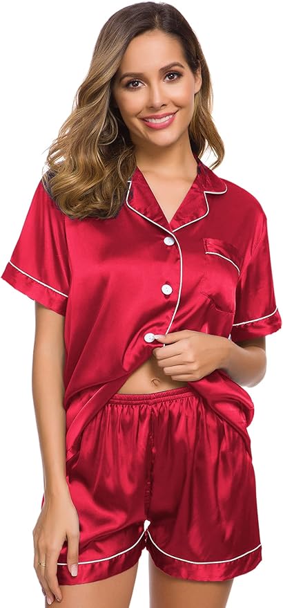 SWOMOG Womens Silk Satin Pajamas Set Short Sleeve Sleepwear Button Down Top and Shorts Loungewear 2 Piece Pjs Set XS-3XL