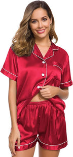 SWOMOG Womens Silk Satin Pajamas Set Short Sleeve Sleepwear Button Down Top and Shorts Loungewear 2 Piece Pjs Set XS-3XL
