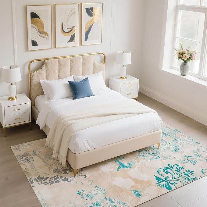 CRYPTOLITE Abstract Area Rug 5x7 Washable Rug with Non-Slip Backing Low Pile Area Rug Area Rugs for Living Room, Bedroom, Dining Room, Beige